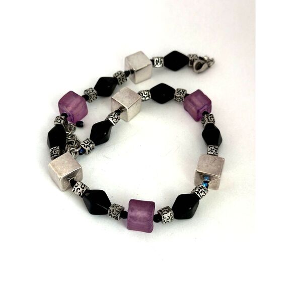Chico's beaded necklace Black Silver Purple Modernist Cube - Picture 1 of 5